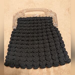 Vintage Black Silk Rolled Crochet Handbag with Clear Peacock Handle